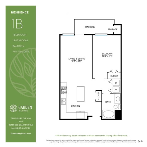 Floor plan for 1 bed, 1 bath, 745 sqft
